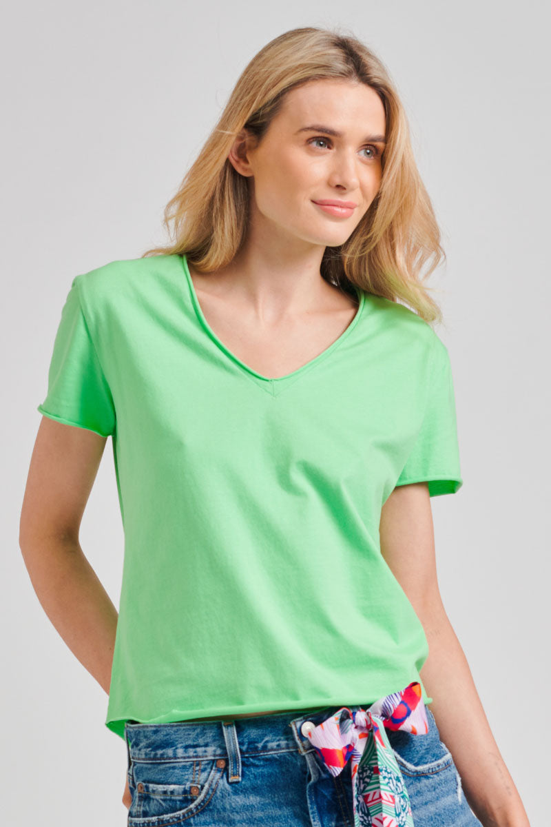Raw V Neck T-Shirt - Apple Green