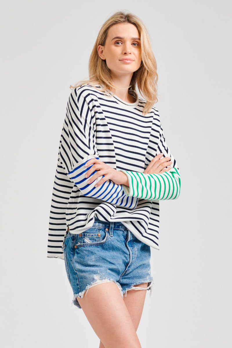 Raw Stripe Long Sleeve Sweatshirt - Navy Combo