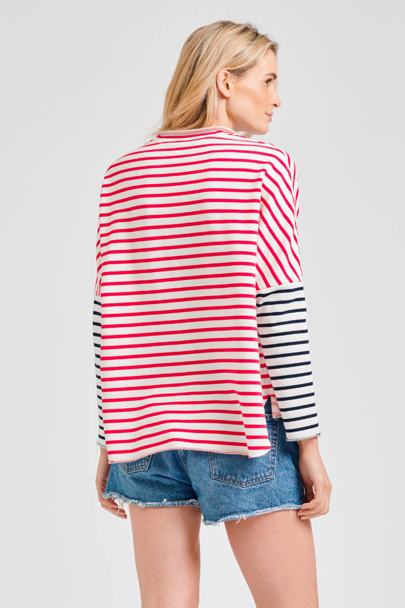 Raw Stripe Long Sleeve Sweatshirt - Red Combo