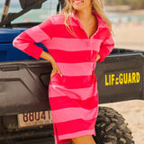 Rugby Cotton Dress - Red/Hot Pink